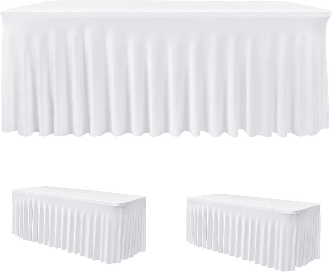 HolidayIdeas 2 Pack Spandex Table Skirt for 6 Ft Rectangle Tables, White Fitted Stretch Tablecloth 30 x 72 Inch, Wrinkle Resistant Ruffle Design for Wedding Banquets, Baby Showers, Parties