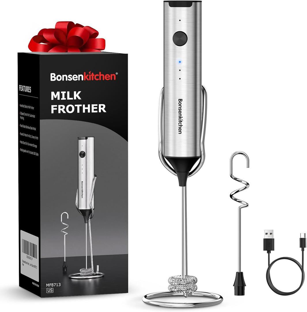 Bonsenkitchen Rechargeable Milk Frother with Stand, 3-Speed Handheld Coffee Frother, Dual Spring Whisk Electric Hand Frother Wand Drink Mixer for Lattes Cappuccino Protein, Kitchen Gifts