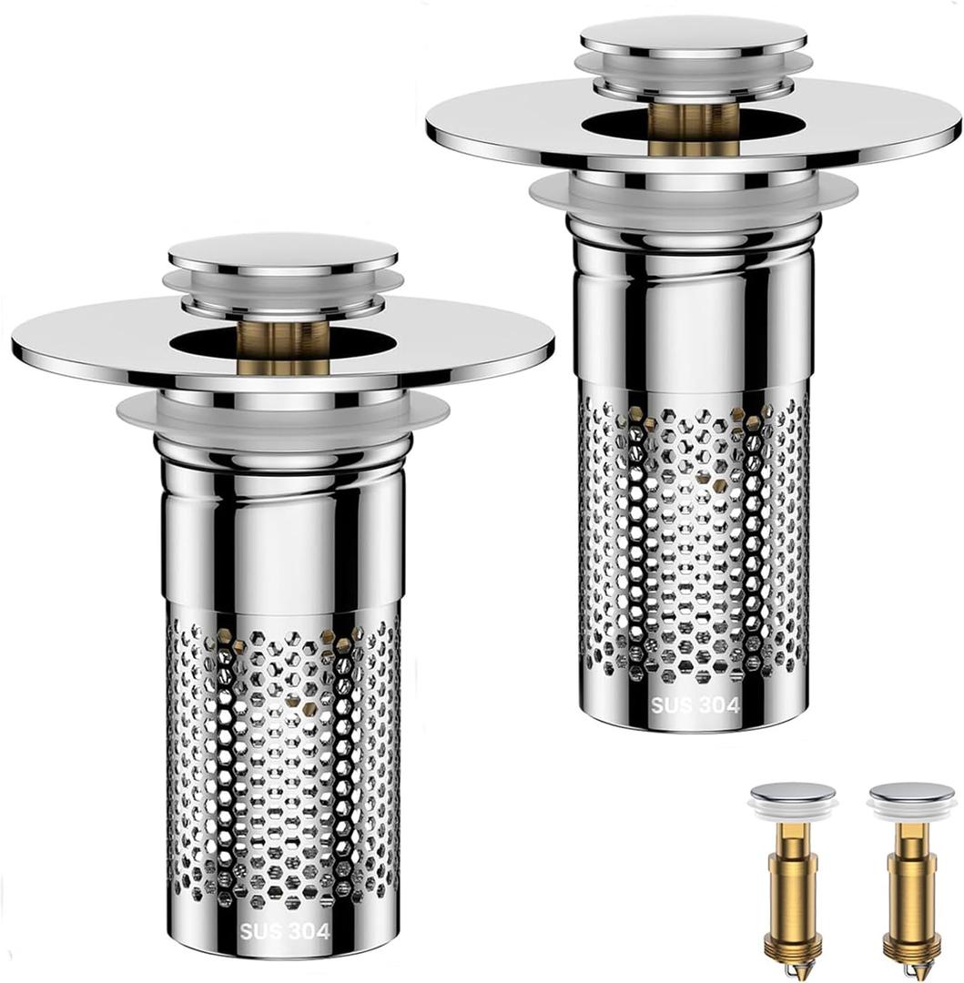 Bathroom Sink Drain Strainer,Universal Pop-Up Sink Stopper Hair Catcher, Anti-Clog Stainless Steel Drain Filter Basket, Removable Sink Drain for Bathroom Sink Stopper (Silver-2pack)