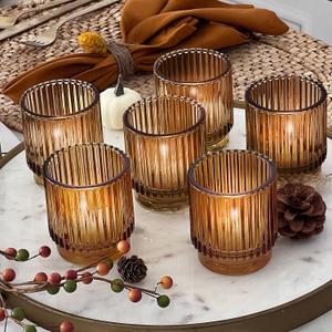 Kate Aspen Vintage Glass Tealight & Amber Votive Candle Holders (Set of 6) Rustic Fluted Candle Holder Set, Boho Home Decor, Wedding Table Centerpieces, Farmhouse Kitchen Table Decor