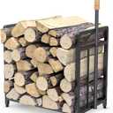 15.5-Inch Compact Metal Firewood Rack with Fire Blower, for Indoor Outdoor Use with Fireplaces, Stoves, and Grills, Black