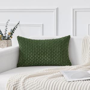 Kevin Textile Spring 12x24 Inch Pillow Cover 1 Pack Boho Decorative Soft Striped Corduroy Lumbar Farmhouse Solid Color Accent Rectangle Cushion Case for Living Room Couch Sofa Bed, Moss Green