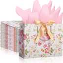 Kolldenn 20 Pack 12.6 Inch Mother's Day Floral Gift Bags with Tissue Paper, Large Pink Rose Vintage Flower Thank You Bags for Mom, Grandma, Teacher Appreciation, Elegant Gift with Bow & Handles