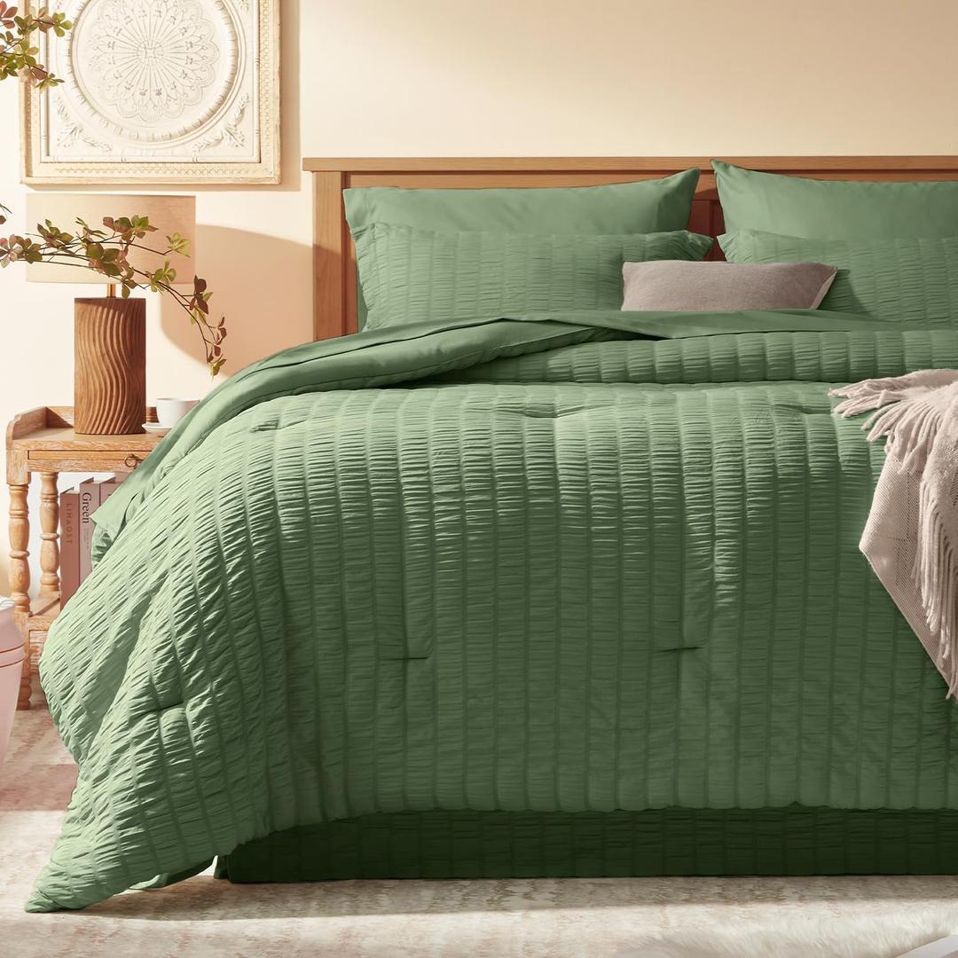 Laojin Balhen Queen Comforter Set 8 Pieces, Seersucker Bed in a Bag Queen, Olive Green Comforter with Sheets, Comforters Queen Size Bedding Sets with Comforter, Sheets, Pillowcase & Sham and Bed Skirt