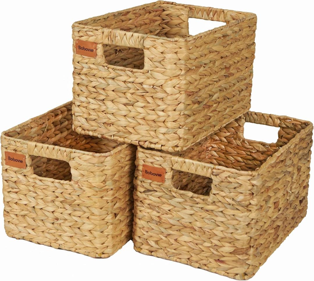 Large Wicker Storage Baskets, Set of 3, Water Hyacinth Basket Organizer, 14.2x10.2x8.7H Inches -Great Storage Solution for Shelf and Pantry Storage (Traditional Pattern)
