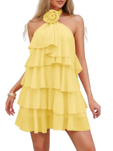 Kaei&Shi Women's Chiffon Halter Neck Mini Dress Tiered Ruffle Backless Birthday Brunch Dresses with Detachable Flower Yellow X-Large