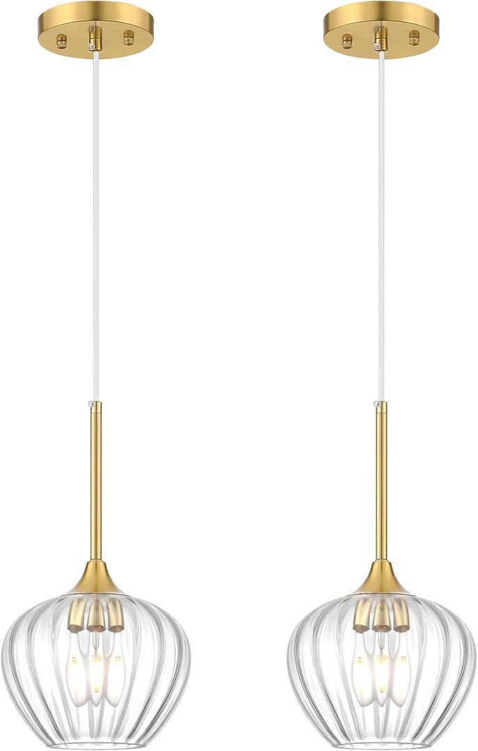 2-Pack Glass Pendant Lights Kitchen Island, 7" Modern Gold Pendant Lighting Adjustable Hanging Light Fixtures for Kitchen, Dining Room, Bathroom, Bedroom