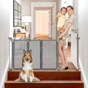 Sliding Pet Gate for Doorways Expandable 32"-55" Wide Adjustable Pet Gate 28 Inch Tall Step Over Baby Proofing Gate for Doorways Mesh Pet Gate for Stair Dog Gate Indoor Child Gates for Doorways (Gray)