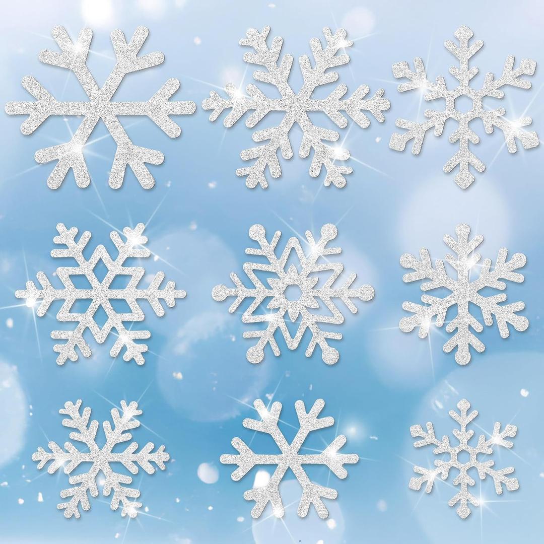 Fuutreo 108 Pcs Snowflake Cutouts Winter Glitter Paper Decorations Bulletin Board Decor 3 Size Christmas Cutouts for Winter Christmas Holiday Party Wonderland Decor(Silver)