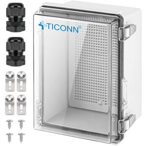 TICONN Outdoor Electrical Box Waterproof, Junction Box IP67 ABS Plastic Enclosure with Hinged Cover with Mounting Plate, Wall Brackets, Cable Glands (Clear, 8.7"x6.7"x4.3")