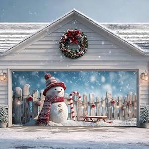 Christmas Garage Door Cover 7 x 16 Ft Decoration with Elastic Bands, Easy to Install, Large Christmas Banner Background for Outdoor Home Garage Door Party Decor - C snowman