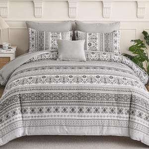 Boho Comforter Set King Size 8 Piece, Bohemian Bedding Set with Floral & Paisley Print, Light Grey Boho Quilt Set Include Sheets, Pillowcases, Soft Microfiber Bohemian Bed in a Bag for Bedroom, Dorm