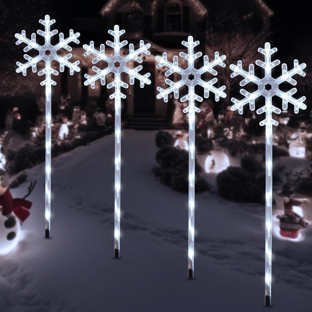 Solar Christmas Pathway Lights Outdoor Decorations, Solar Powered Snowflake Lights, Waterproof Xms Garden Stake Lights Outdoor Christmas Decorations for Patio Yard Porch Lawn, 4 Pack (White)