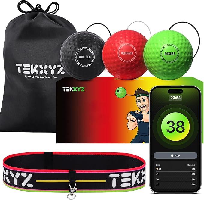 TEKXYZ® Reflex Ball Family Pack with Counter App | Online Community for Boxing Ball, Ideal for Coordination, Punching, Stress Relief, Home Workouts & Fitness | Stocking Stuffer Gift for All Ages