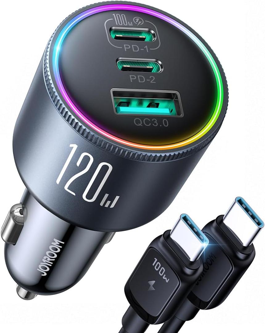 JOYROOM 120W Super Fast Car Charger USB C, 3-Port PD100W+PD35W Car Charger for iPhone 16 with USBC Cable, Type C Fast Charging Adapter for iPhone 16e/15 Pro Max, Samsung Galaxy S25 S24, iPad, Laptop (120W-BLACK)