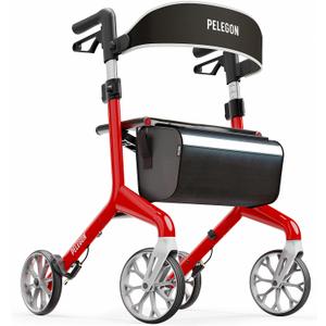 Pelegon Rollator Walker with Seat for Seniors Lightweight Foldable Walker with Padded Seat & Backrest, Adjustable Handles, Reflective Frame, Carry Bag Heavy-Duty 300lb Support - Red