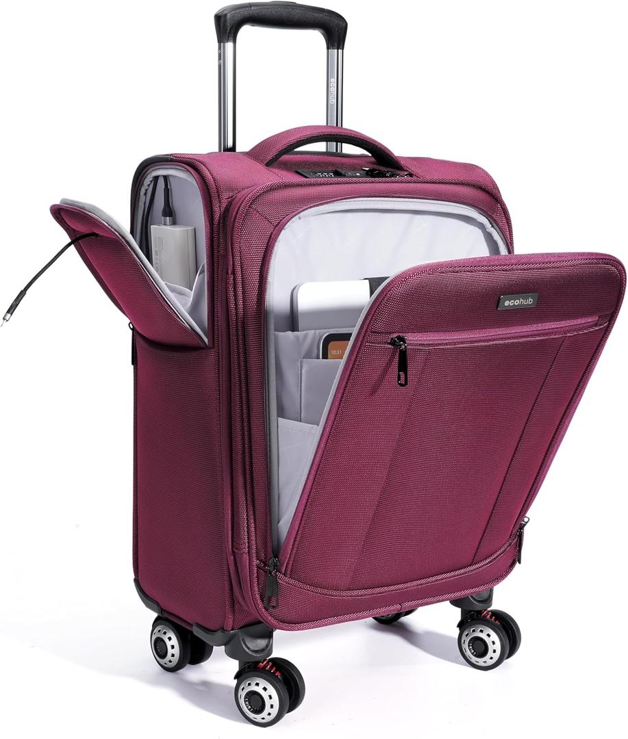 ECOHUB Carry On Luggage Airline Approved, 21 Inch Height Softside Carry On Suitcase with Spring Shock-Absorbing Spinner Wheels, Lightweight Travel Luggage with TSA Lock, Fits 22x14x9 Carry-On Bag