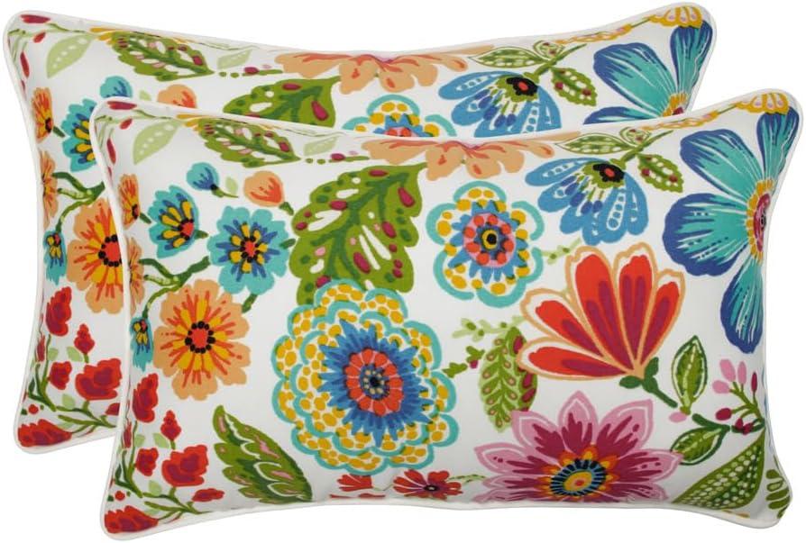 Pillow Perfect Bright Floral Indoor/Outdoor Accent Throw Pillow Plush Fill, Weather, and Fade Resistant, Lumbar - 11.5" x 18.5", Blue/Purple Gregoire 2 Count