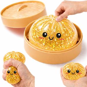 Glitter Dumpling Squishy Toy Box Gaint Squishy Dumplings Squishies Fidget Toys Real Adults Anxiety Relief Squeeze Toy for Adults & Teens, Glitter Gold