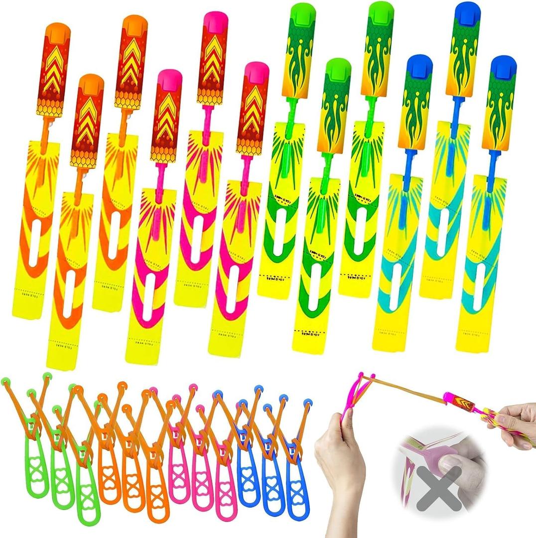 24 Pcs Slingshot Flying with LED Lights, 12Pcs Helicopters and 12Pcs Slingshots Glow in The Dark Rocket Launcher Toys Summer Camping Outdoor Light up Night Toys Party Favors for Kids 4-8-12