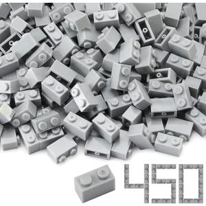 Feleph 1x2 Bricks Bulk 450 Pieces Light Grey Classic Basic Parts Building Creative Play Set Blocks Toy Accessories Compatible with 3004 Major Brands