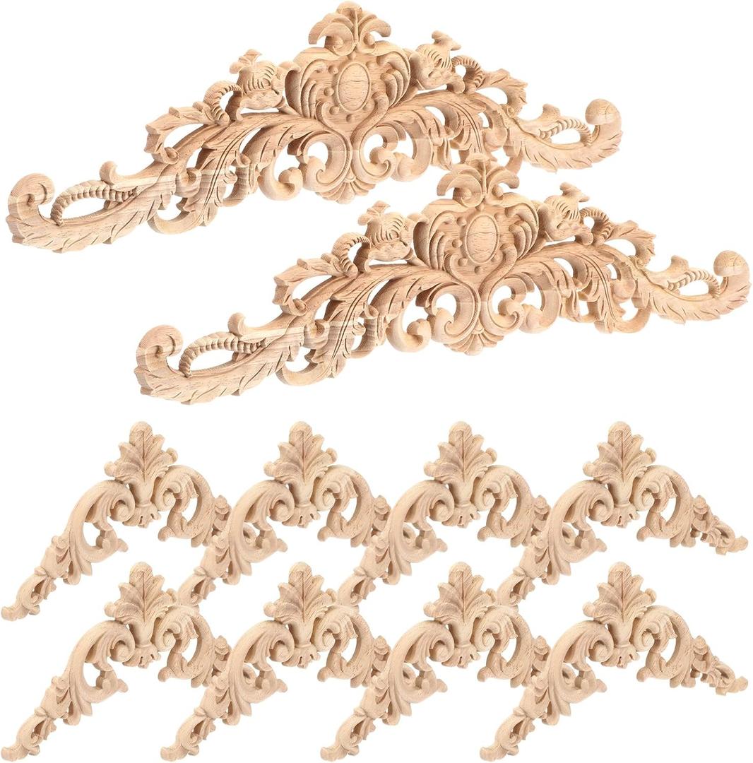 10 Pcs Wood Appliques and Onlays for Furniture, Decorative Carved Wooden Appliques DIY Onlay for Bed Door Cabinet Wardrobe Small and Large Sizes
