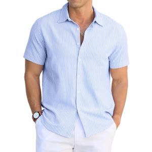 Sailwind Men's Casual Button Down Shirts Short Sleeve Striped Cotton Beach Summer Vacation Shirt (Large, Blue)