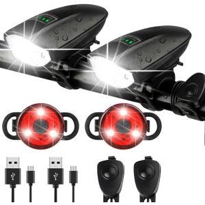 Bike Lights Set with Horn 1400LM USB Rechargeable Bicycle Headlight & Tail Light & Horn Waterproof 3 Lighting Modes Fits Bicycles for Road and Mountain (Black+Black)