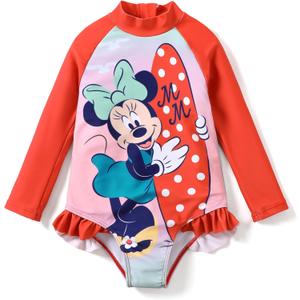 Disney Princess Frozen Elsa Minnie Stitch One Piece Swimsuit Rashguard Bathing Suit UPF 50+Toddler Girl Long Sleeve Swimwear (6-7 Years, Minnie Mouse-red)