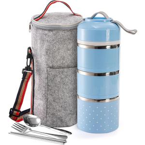 Tebery Stackable Lunch Box Container, 3 Tier Portable Insulated Bento Food Snack Container with Bag Cutlery Set, Leak-Proof Box for Picnic Meals