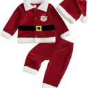 ZAXARRA Baby Christmas Clothes Boys Girls Santa Jacket Velvet Outwear Coat Long Pants with Hat Baby Santa Costume (3-4T)