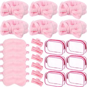Hoteam 24 Pcs Spa Party Favors Supplies 6 Spa Headband 6 Plush Sleep Eye Mask 6 Hair Claw Clips 6 Clear Cosmetic Bags for Adult Sleepover Slumber Party Graduation Gift(Pink)