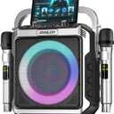 Portable Karaoke Machine, with Wireless Microphones, Bluetooth Party Speaker with LED Lights, Loud Subwoofer, USB/AUX, Outdoor Karaoke Speaker for Adults & Kids, Matte Silver