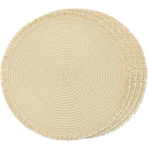 FunWheat Paper Round Braided Placemats Set of 4 for Dining Tables 15 Inch Heat Resistant Table Mats Farmhouse Woven Fabric Natural Place mats for Decoration with Tassel(Beige,4pcs)
