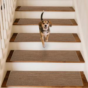 Linen Stair Treads for Wooden Steps Indoor 30x8 inch, 15pcs Upgraded Self Adhesive Backing Non Slip Stair Carpets, Peel and Stick Stair Runner Rugs, Reusable Staircase Step Treads(Brown)