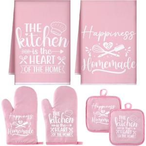 Sratte Set of 6 Kitchen Decor Accessories Set Farmhouse Towels Pot Holders Oven Mitts Set 2 Dish Towels 2 Potholders 2 Cooking Mittens Oven Glove for Baking Cooking Supply (Pink, Kitchen)