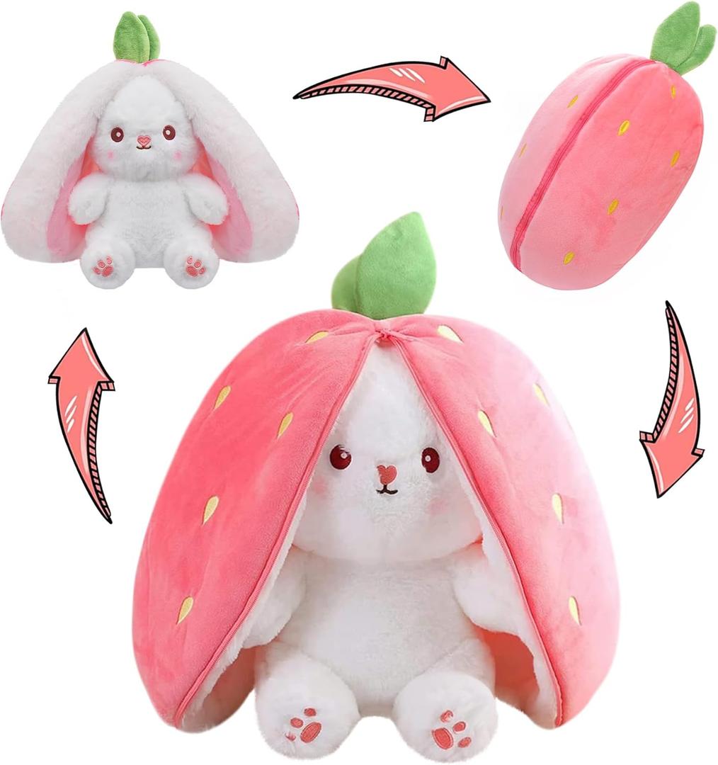 MIAODAM Bunny Stuffed Animal Reversible Cuddle Bunny Stuffed,Strawberry Bunny Transformed Rabbit Plush Zipper,Carrot That Turns Into Ears Bunnies Plushies Toy Cute Stuffy Doll Easter Girlfriend Gift (7inch, A Strawberry Rabbit)