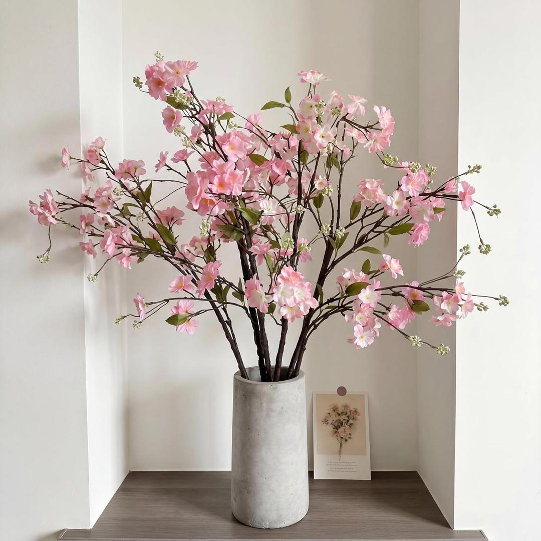 Giegxin 35in Pink Artificial Cherry Blossom Branches Fake Spring Faux Cherry Blossom Branch Intertwined with Green Budding Long Stem 3 Pcs for Vase Floral Arrangement Wedding Party Spring Decoration