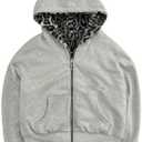 Ponitrack Vintage Leopard Print Jacket Y2k Reversible Zip Up Jacket Baggy Long Sleeve Hoodie Grunge Streetwear Unisex (Grey,Medium)