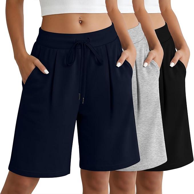 Locoowai 3 Pack Women's Bermuda Shorts Drawstring Casual Lounge Elastic Waist Athletic Yoga Running Shorts with Pockets XXL