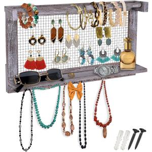 Comfify Rustic Jewelry Organizer  Wall Mounted Jewelry Holder w/Removable Bracelet Rod, Shelf & 16 Hooks  Perfect Earrings, Necklaces & Bracelets Holder  Rustic White