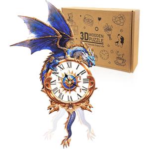 3D Puzzles for Adults Clock-Blue Dragon Design Model Kit-Mechanical DIY Pendulum Clock with Roman Numerals-Desk Home Office Decor Personalized Gift for DIY Lovers