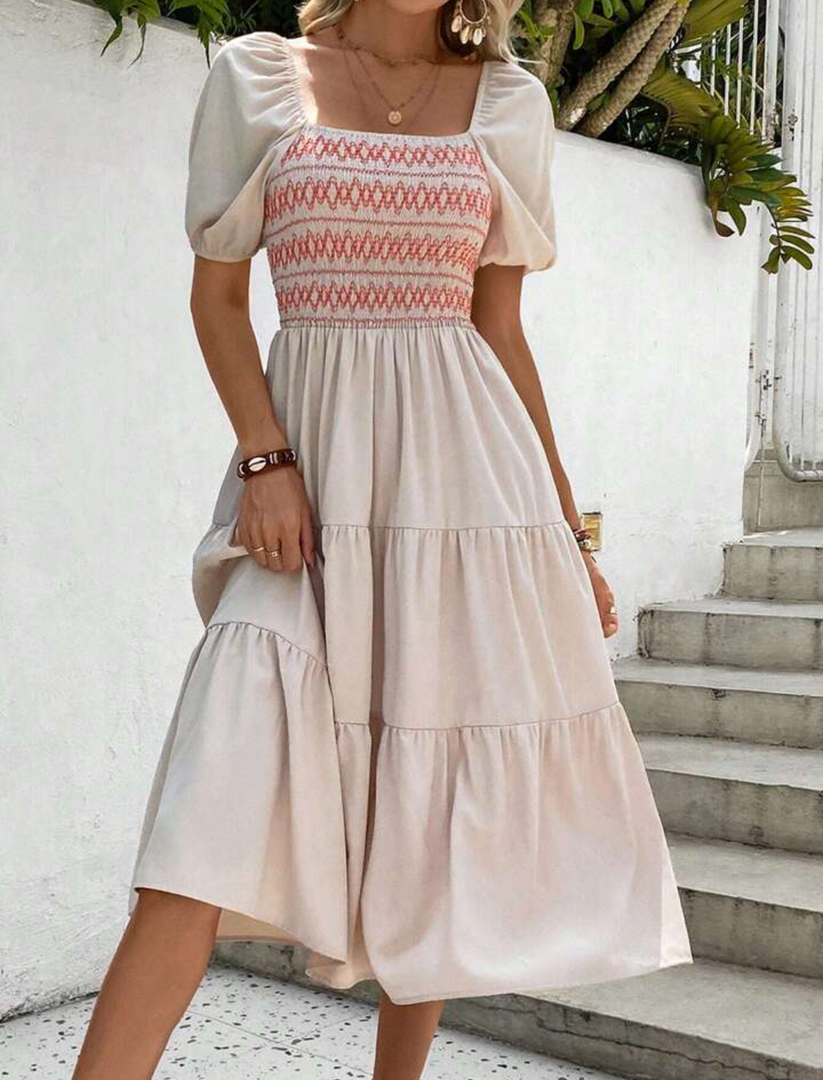 SHEIN LUNE Geo Print Shirred Ruffle Hem Dress Maxi Women Outfit, SIZE M