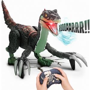 Remote Control Dinosaur Toy for Kids - RC Dinosaur - Walking Velociraptor Toy with Mist Spray, Lights & Roar - Birthday Gift Ideas for Boys and Girls 3-5 5-7 8-12 Year Old