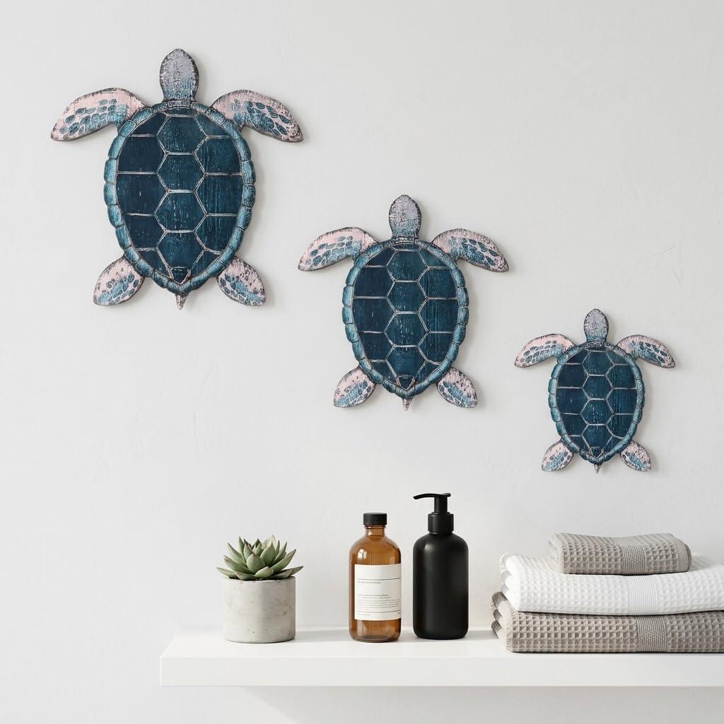 Lumncomfor Wooden Sea Turtle Wall Decor Coastal Wall Art 3 Pcs Rustic Beach Wall Art Set for Bathroom Bedroom Ocean Theme Decorations Wood Cutouts for Living Room Pool House
