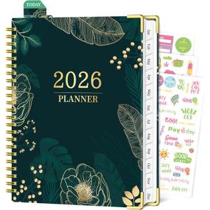 Planner 2026, Weekly and Monthly Planner from Jan 2026 - Dec 2026, 6.5" x 8.8" A5 Academic planners with Tabs, Spiral Hardcover Calendar Agenda for College & Office, Green