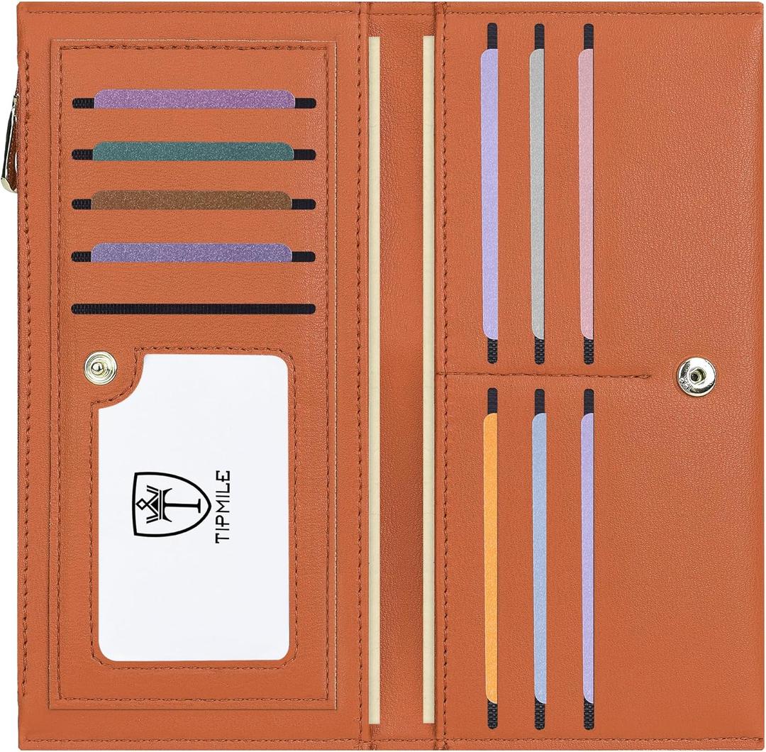 Ultra Slim Wallet for Women Bifold Leather RFID Blocking Credit Card Holder Ladies Womens Wallet with Zip Pocket (Orange and Brown)