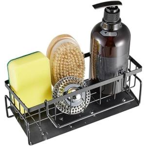 LSLCQW Black Sponge Holder for Kitchen Sink, Sink Caddy Organizer with High Brush Holder, Kitchen Countertop Organizers and Storage Essentials, Rustproof 304 Stainless Steel, Soap Dispenser