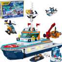City Boat Building Set with LED Lights, Arctic Explorer Ship Toy Gift for 8 Year Old Boys and Girls, with Helicopter, Drone, Speedboat, Submersible, Iceberg, and Polar Bears