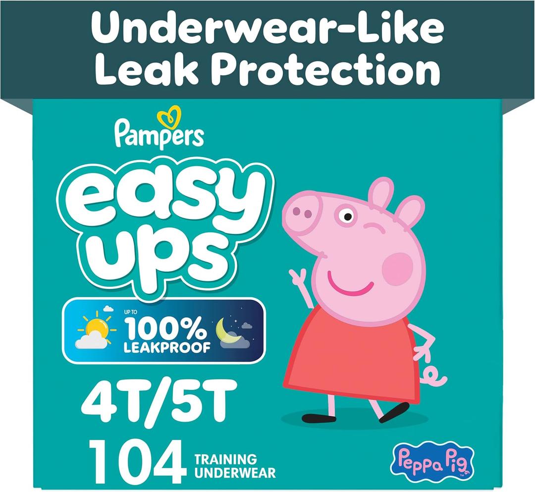 Easy Ups Girls & Boys Potty Training Pants, Size 6 (4T-5T), 104 Count, Peppa Pig Absorbent Pull Up Training Underwear, Up to 100% Leakproof Day and Night, Hypoallergenic